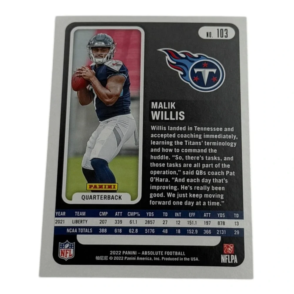 2022 Panini Absolute Football Malik Willis Rookie Card #103‎ Tennessee Titans QB